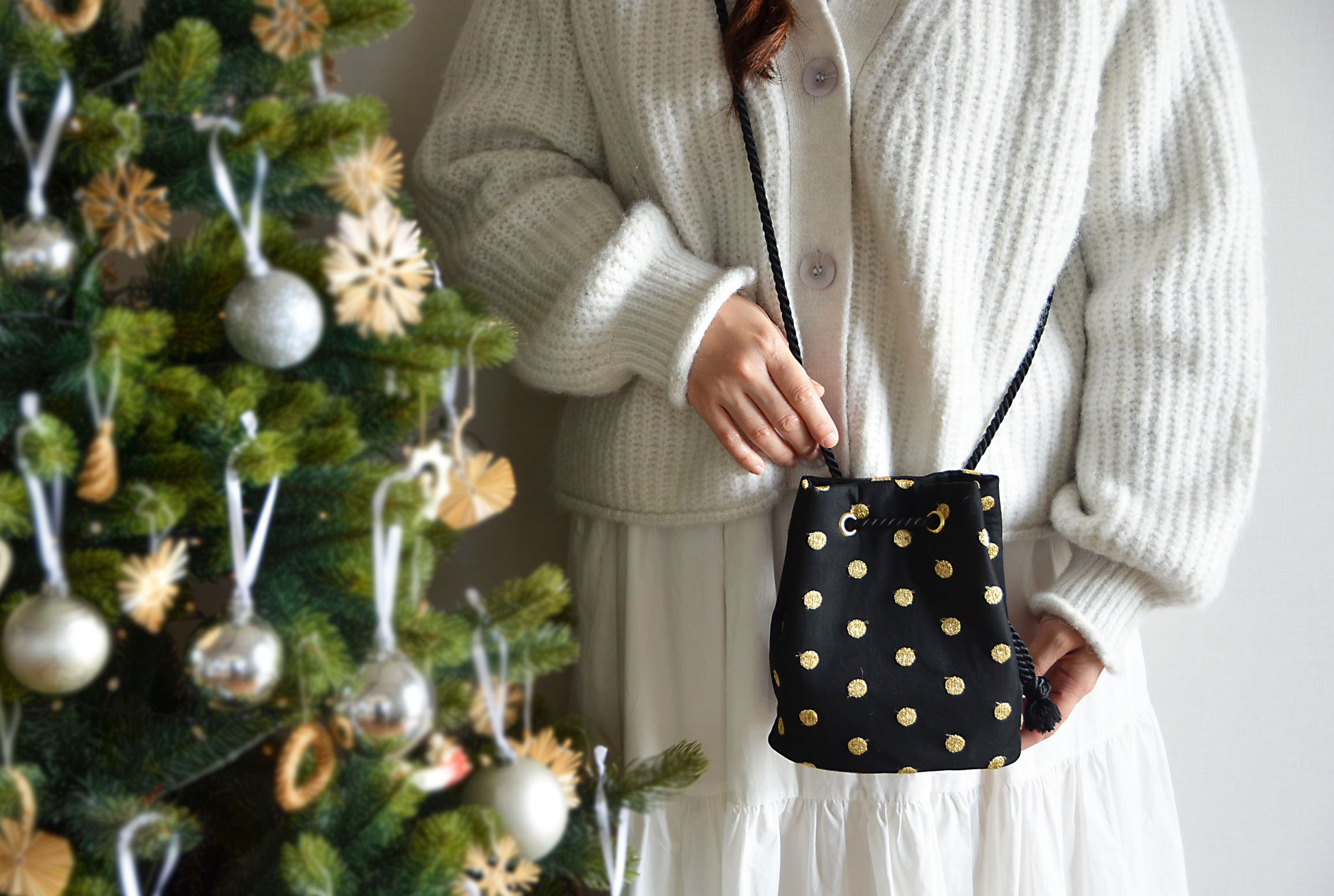 数量限定！チュール刺繍ドット 2wayポシェットマリンバッグ 　ゴールド　クリスマスギフト・ご褒美にも◎