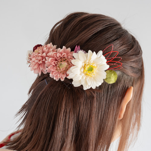 【成人式振袖髪飾りピンクM】ヘッドドレス赤&ゴールド組紐水引き金/卒業式袴前撮り 白/ゴールド/ピンクの成人式振袖髪飾りM】ヘッドドレス＆水引き赤/卒業