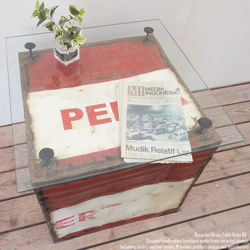 ドラム缶をリメイクしたテーブル 55cm A スクエア ガラステーブル