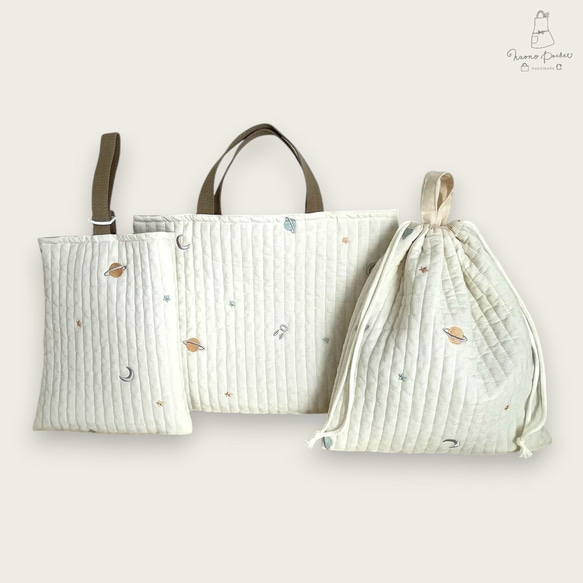 ヌビ リボン刺繍生地 レッスンバッグ 上履き袋 体操着袋 ヌビキルト