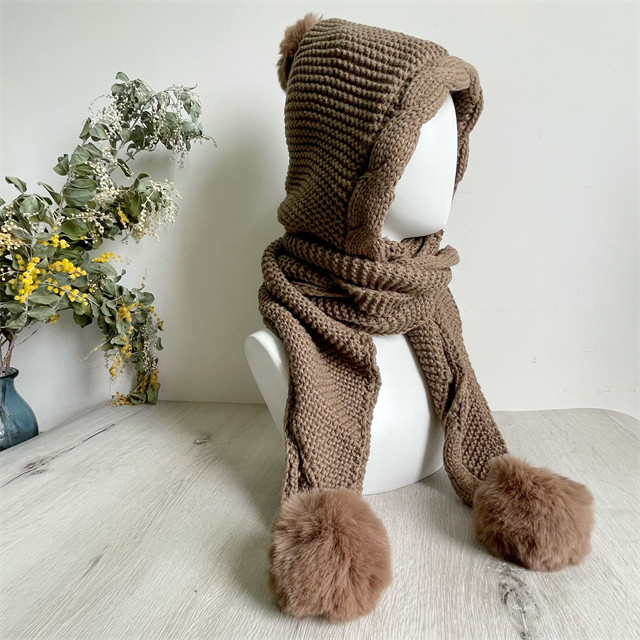 編み物 防寒 秋冬 マフラー付きボンボンニット帽子