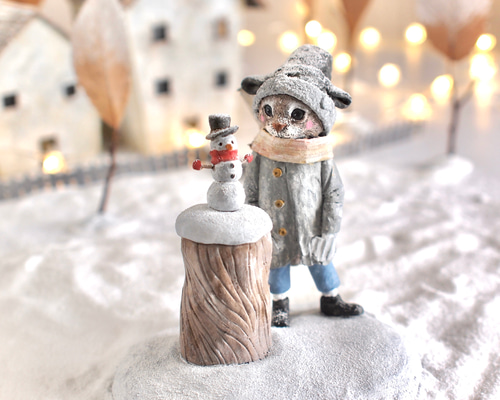 小さな雪だるまと猫 - 塑像 - 立体・オブジェ Tokoro masayasu work