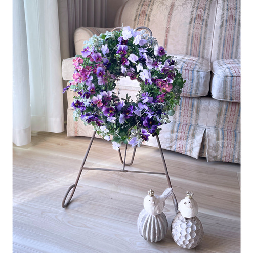 3種のビオラの寄せ植えリース ☆*:.｡. 幸せのwreath 「 grape