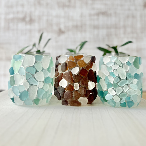 癒し空間に灯すシーグラスモザイクキャンドルホルダー キャンドル