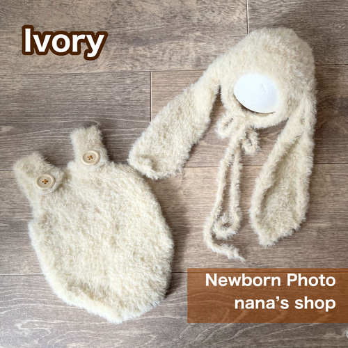 ふわふわアイボリー♪くま耳帽子とロンパース ニューボーンフォト衣装 ボンネット ふわふわアイボリー♪くま耳帽子とロンパース ニューボーン