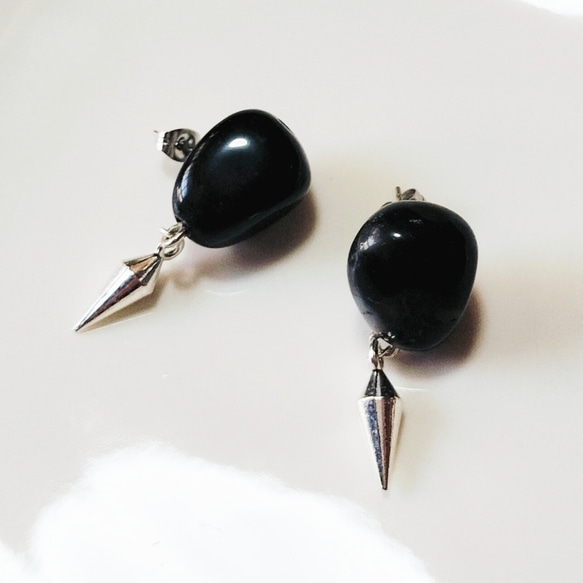 ピアス ブラック ストーン 大理石 シルバー スタッズ 大粒 大きめ  