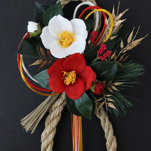 早割】お正月飾り しめ縄＜紅白 江戸椿＞しめ飾り アーティフィシャル