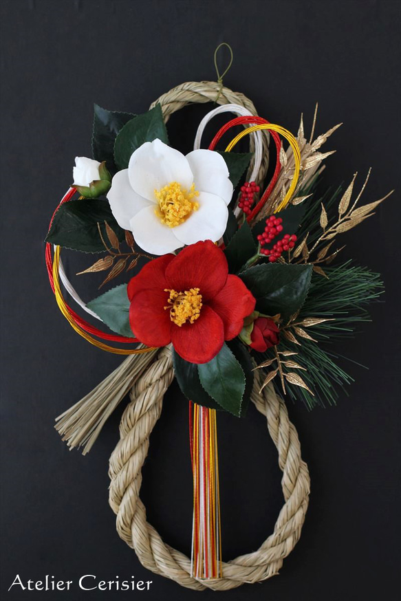 ・お正月飾り しめ縄＜紅白 江戸椿＞しめ飾り アーティフィシャルフラワー 2枚目の画像