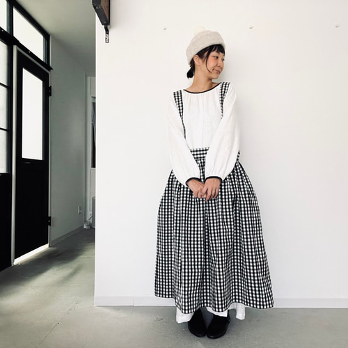 たっぷりギャザーのサスペンダーエプロンワンピース⚮̈ギンガム