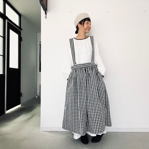 たっぷりギャザーのサスペンダーエプロンワンピース⚮̈ギンガム