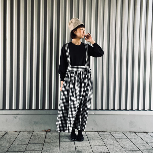 たっぷりギャザーのサスペンダーエプロンワンピース⚮̈ギンガム