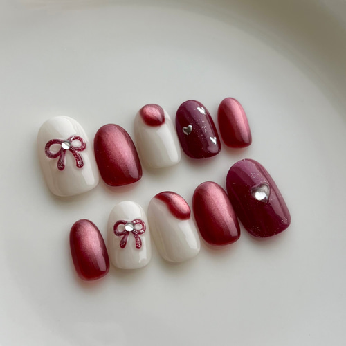 ネイルチップ ボルドー 赤 マグネット ぷっくり リボン ハート