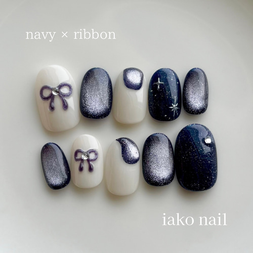 ネイルチップ ネイビー 青 紺 マグネット ぷっくり リボン キラキラ 星