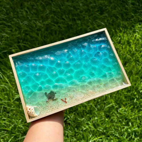 波紋木製トレー ホヌ付き レジンアート 約13.9×21.9×2cm オーシャン