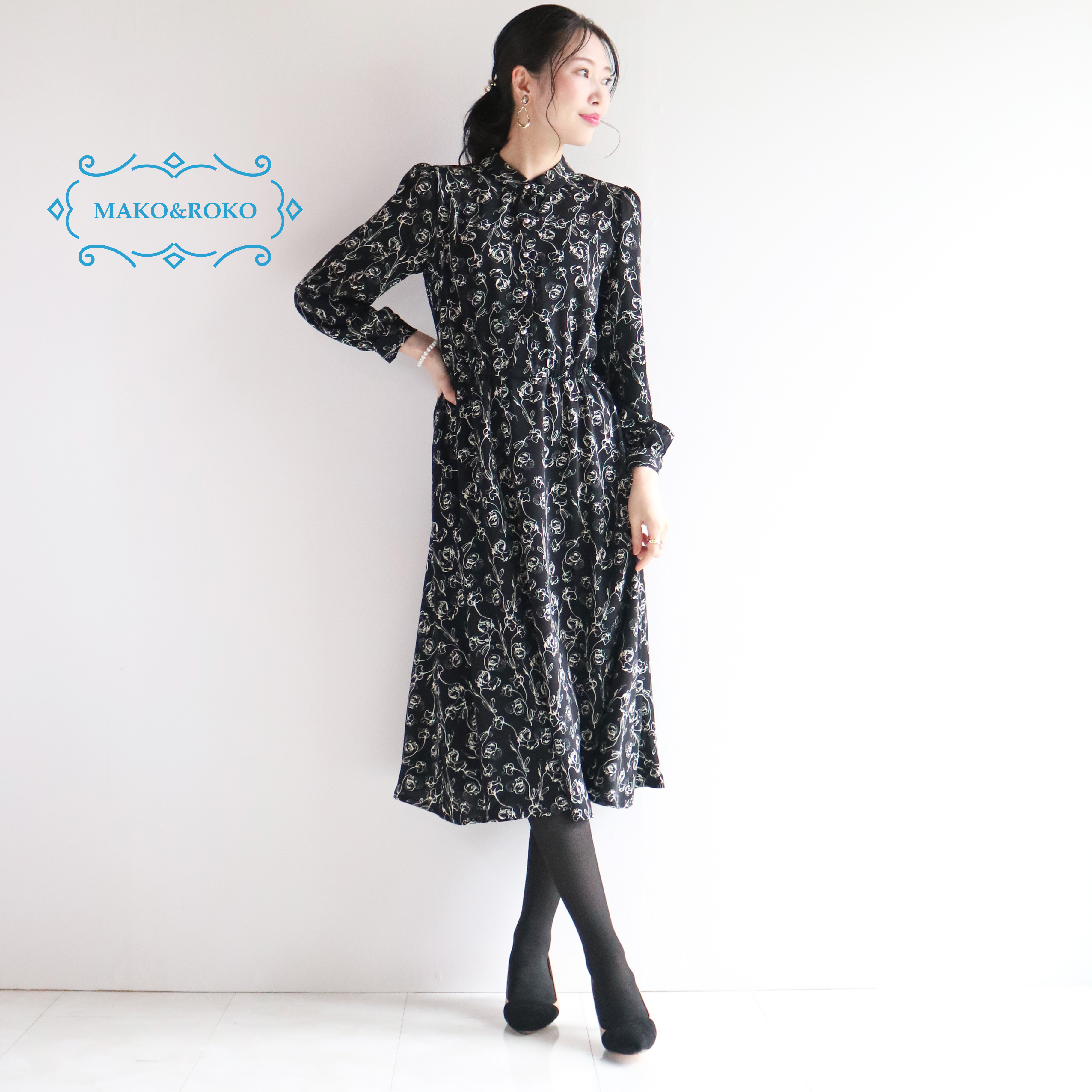 New華奢見え【ボタニカル柄】クラシカルブラックパフスリーブスタンドカラーワンピース♥