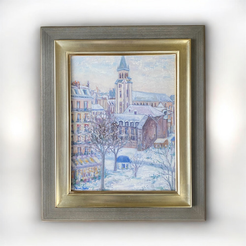 雪のサンジェルマンデプレ教会(大特価、油絵F6号、原画、フランス