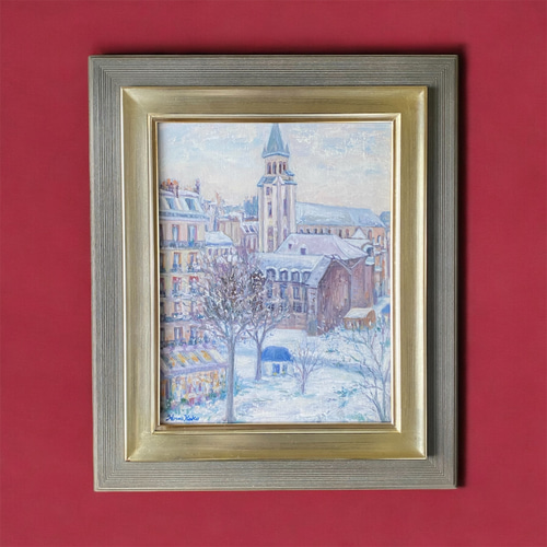 雪のサンジェルマンデプレ教会(大特価、油絵F6号、原画、フランス