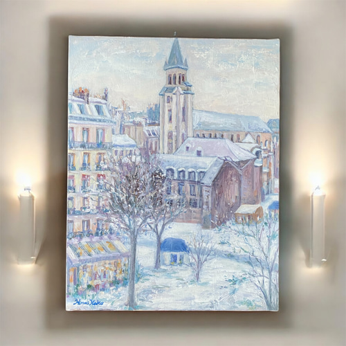 雪のサンジェルマンデプレ教会(大特価、油絵F6号、原画、フランス