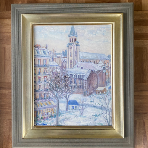 雪のサンジェルマンデプレ教会(大特価、油絵F6号、原画、フランス