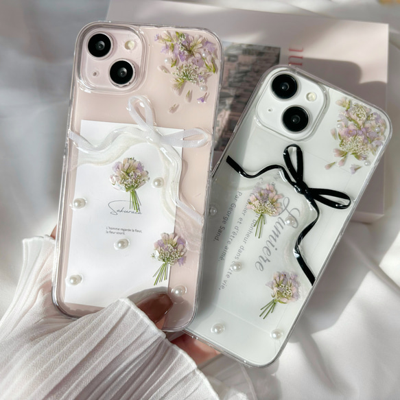 リボン ミニブーケ 押し花スマホケース 【ハイブリッドケース対応可 