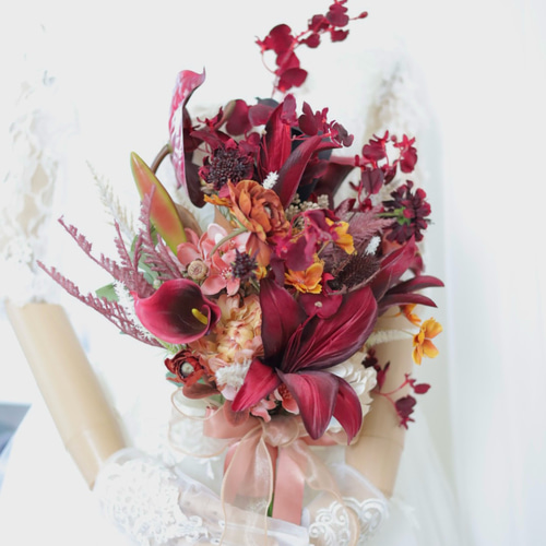ボルドー カサブランカブーケ ウェディングブーケ ブートニアセット