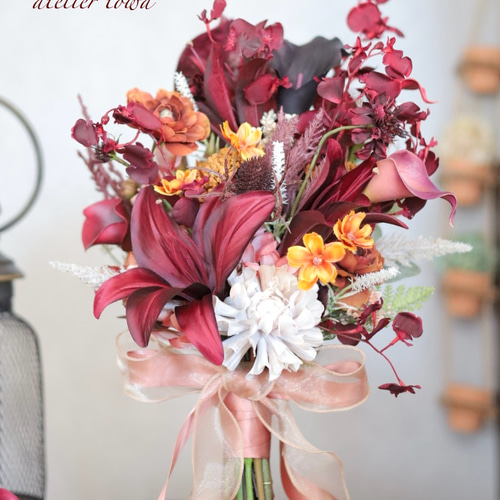 ボルドー カサブランカブーケ ウェディングブーケ ブートニアセット