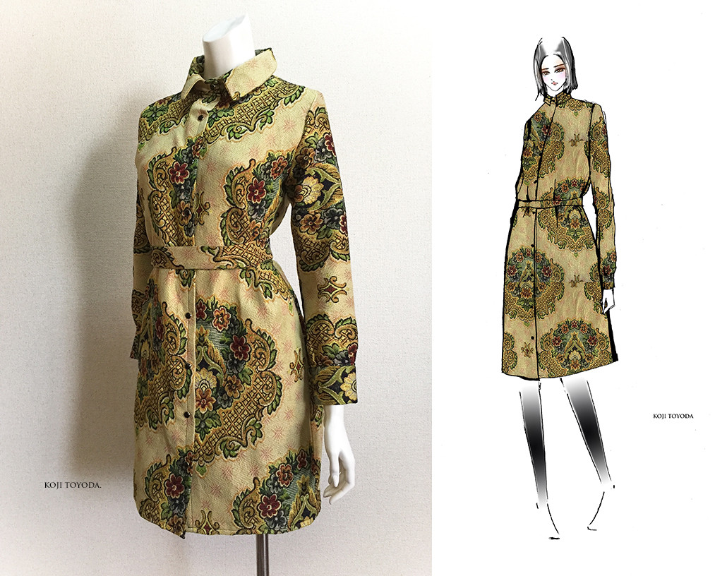 【1点もの・デザイン画付き】ゴブラン織りシャツ型ベルト付きコートワンピース（KOJI TOYODA）