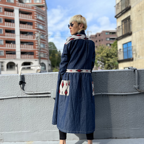 藍と紅ローブ 着物リメイク デニム着物パッチワークジャケット シャツ