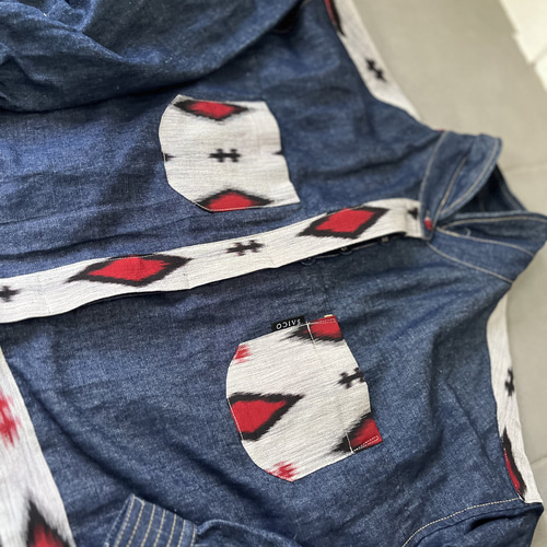 藍と紅ローブ 着物リメイク デニム着物パッチワークジャケット シャツ