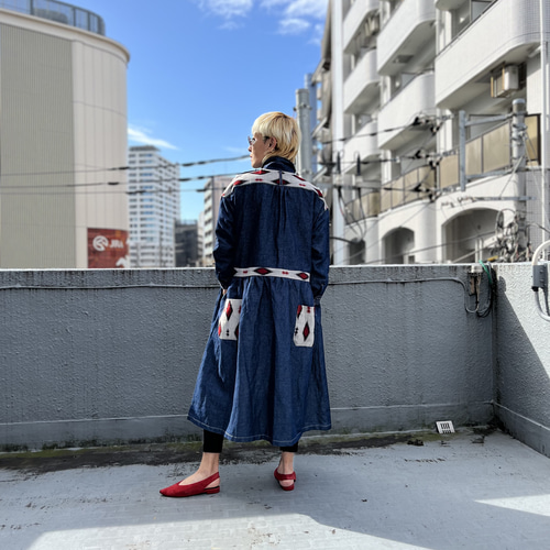 藍と紅ローブ 着物リメイク デニム着物パッチワークジャケット シャツ