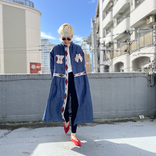 藍と紅ローブ 着物リメイク デニム着物パッチワークジャケット
