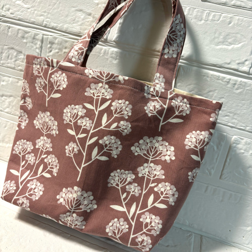 ハンドメイド 便利なお散歩トートバック コーデュロイ お花柄 くすみ 