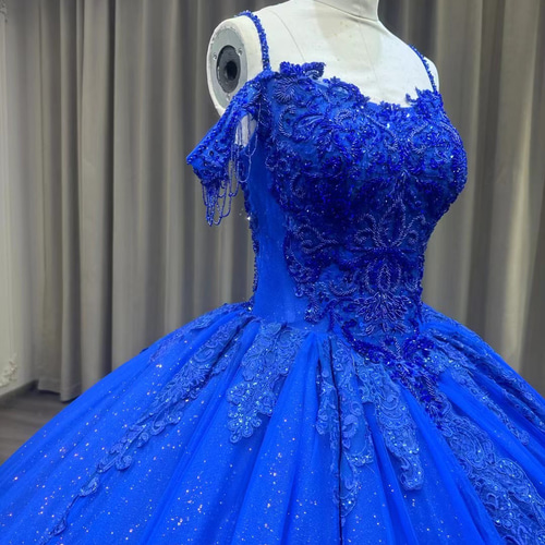 爽やかなブルー！瑠璃色 プリンセスライン 痩せて見える 美しいレース