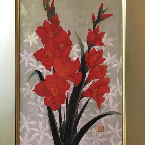 「 グラジオラスの花 」 絵画 油絵 油彩             アンティーク グラジオラスの花 」 絵画 油絵 油彩 アンティーク