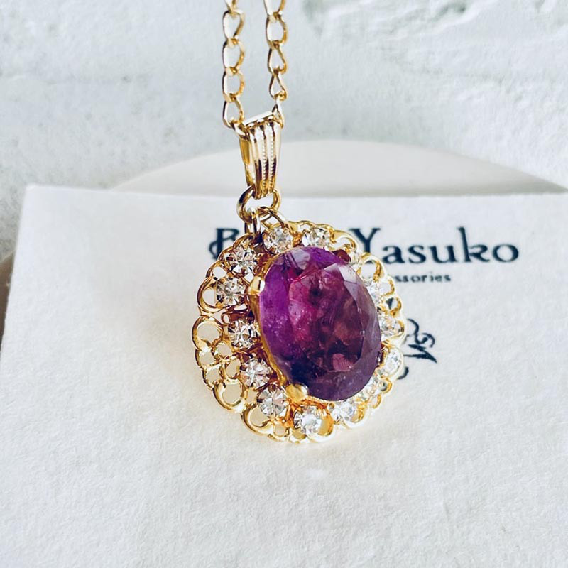 アメジスト 天然石 ペンダント ネックレス ゴールド チェーン 大粒 オーバル トップ ネックレス  古希 喜寿