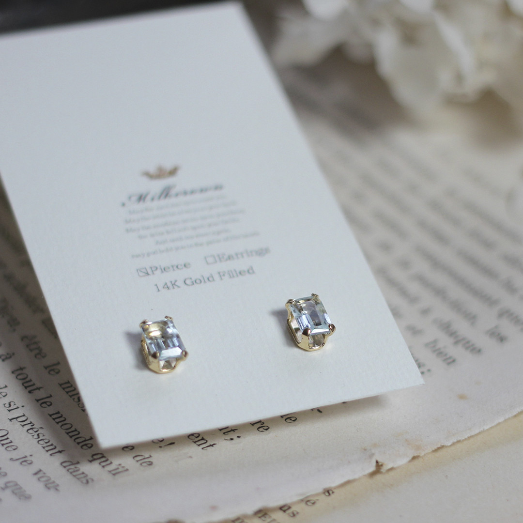 アクアマリン・3月誕生石 Cadre rect・classic 14KGFピアス 両耳用