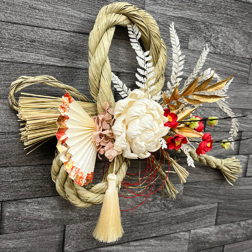お正月飾り しめ縄 リース 迎春 紅梅 ドライフラワー アーティフャル