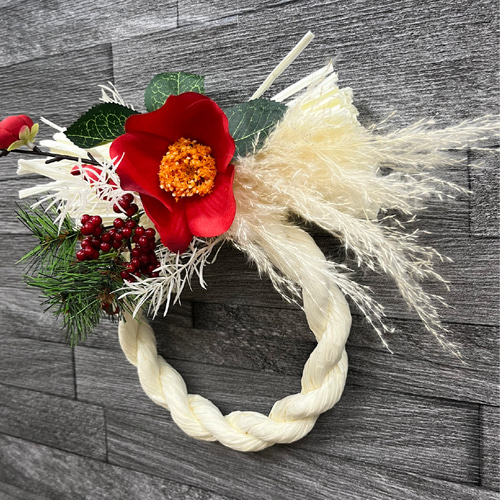 お正月飾り しめ縄 リース ミニ 迎春 椿と紅梅 ドライフラワー