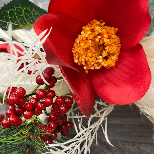 お正月飾り しめ縄 リース ミニ 迎春 椿と紅梅 ドライフラワー