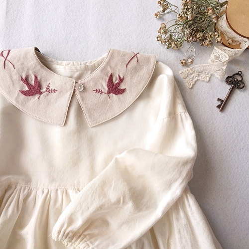 手刺繍つけ襟【とりさん】サイズ90 キッズつけ襟 2歳 3歳 入園式 卒園