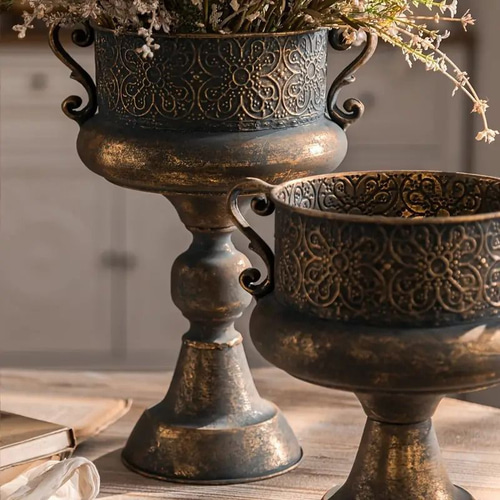 ダークブロンズ金属製花瓶 フラワーポット ヴィンテージ調 メタル フラワーベース ブロンズ