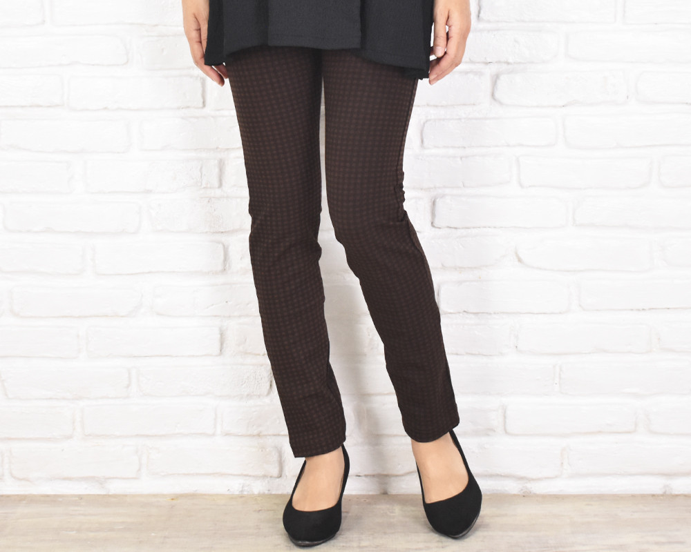極上の穿き心地！ギンガムチェック柄のスキニーストレートストレッチロングパンツ　ブラウン　茶　チェック　大きいサイズあり