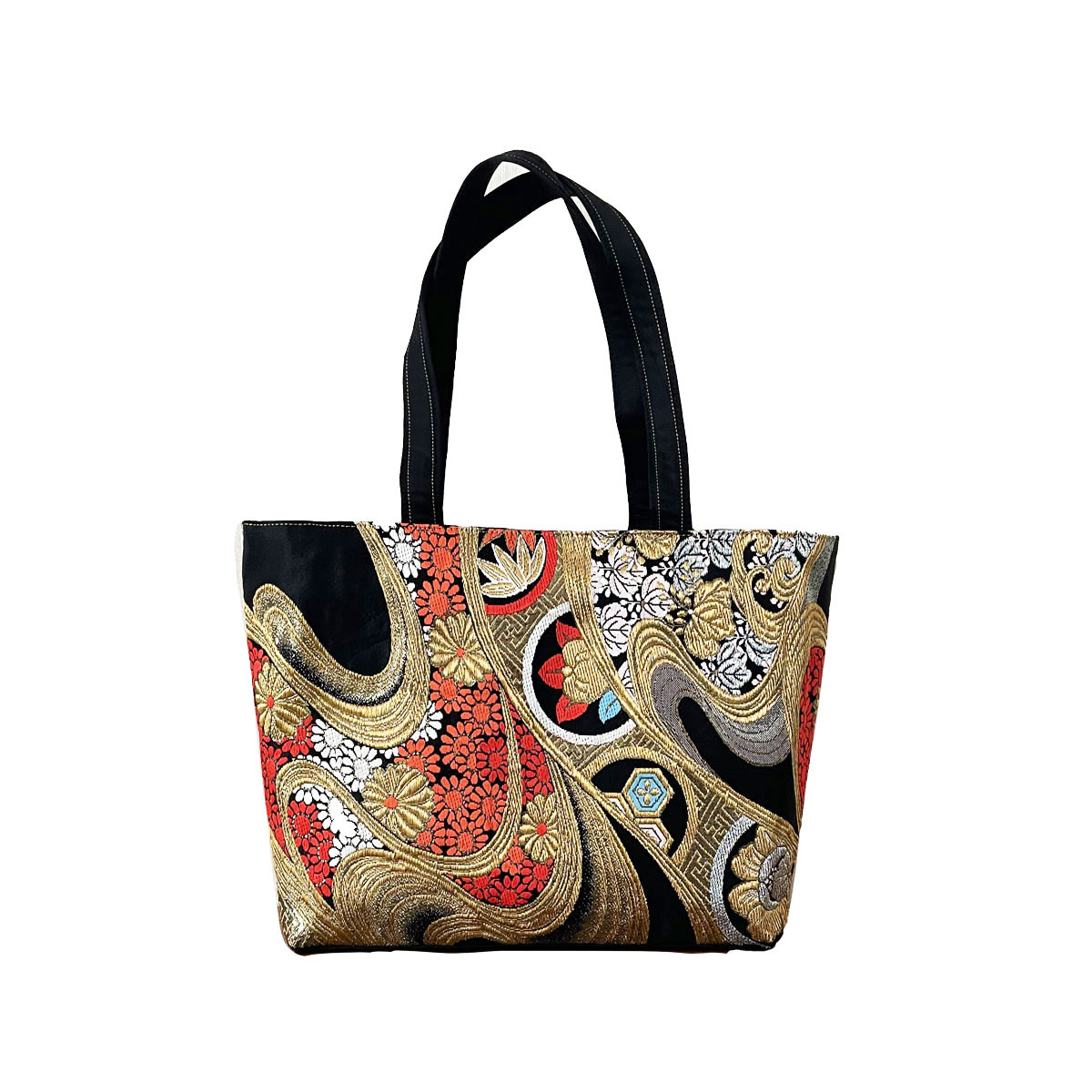 和柄 トートバッグ 大きめ 【 帯リメイク 】 A4 横型 / 一点物 / 黒 * 金 * 赤 * 古典柄