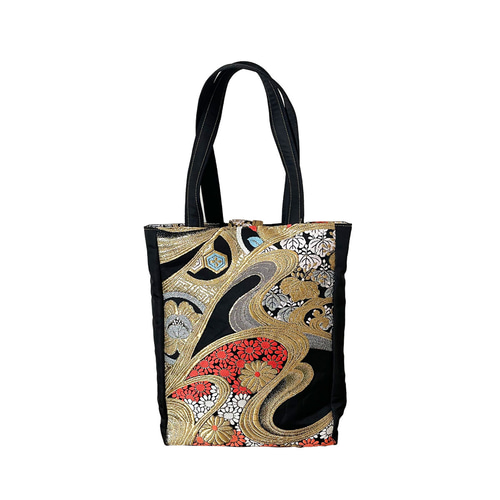 トートバッグ 【 帯リメイク 】 A4 縦型 / 一点物 / 黒 * 金