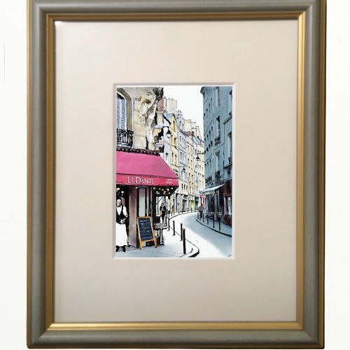 ヨーロッパ　庭園の風景画 金色額縁 小宮山恒男「ヨーロッパ風景」 油彩画 額縁外寸37.0x42.0n7.5