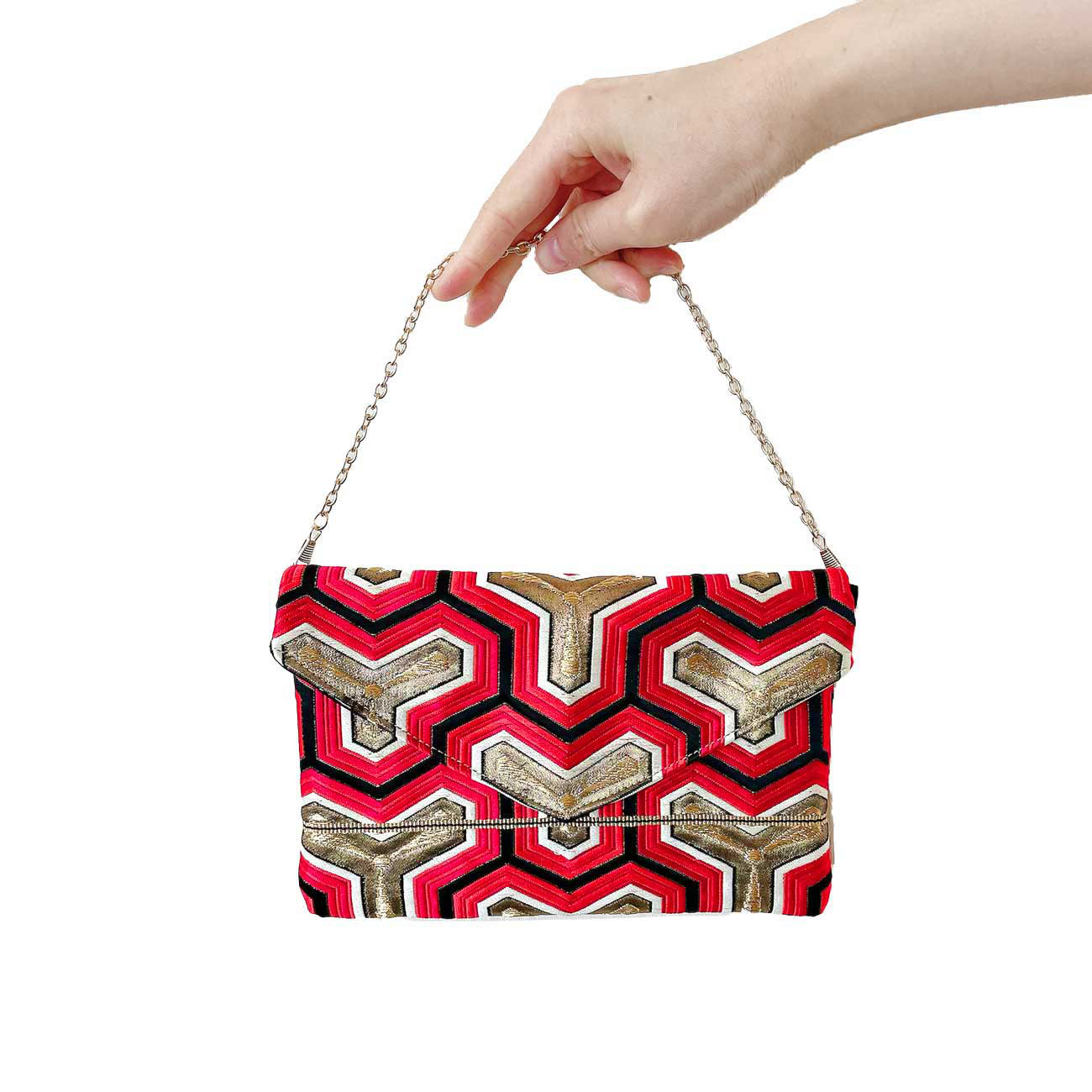 和柄 クラッチバッグ 【 帯リメイク 】現品限り / 赤 * 黒 *金 / チェーン付き