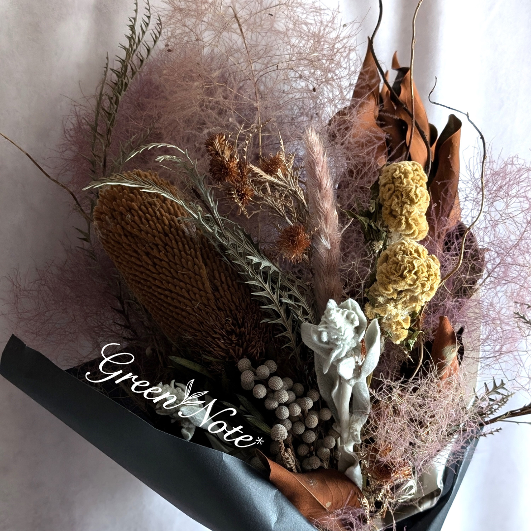 ガラスベース付き！スモークツリーとバンクシアのアンティークなドライフラワーアレンジメント　２WAY　スワッグ　インテリア