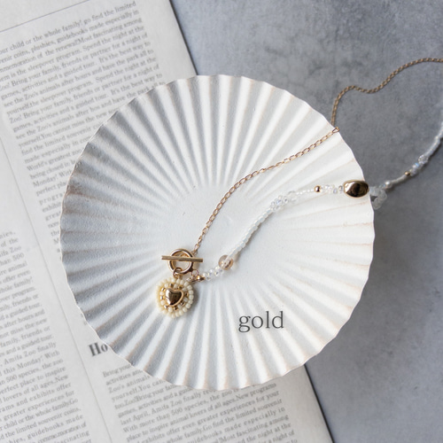 ハートチャームのビーズネックレス 50cm ┋ ゴールド シルバー