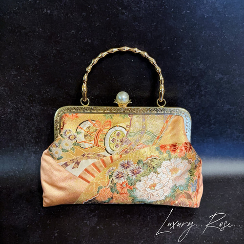 1点物！希少！大玉パール高級西陣織♡濃密繊細総刺繍♡豪華帯地バッグ 