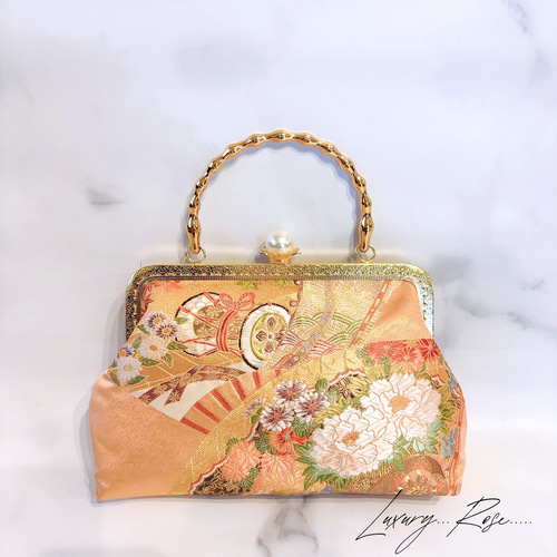 1点物！希少！大玉パール高級西陣織♡濃密繊細総刺繍♡豪華帯地バッグ
